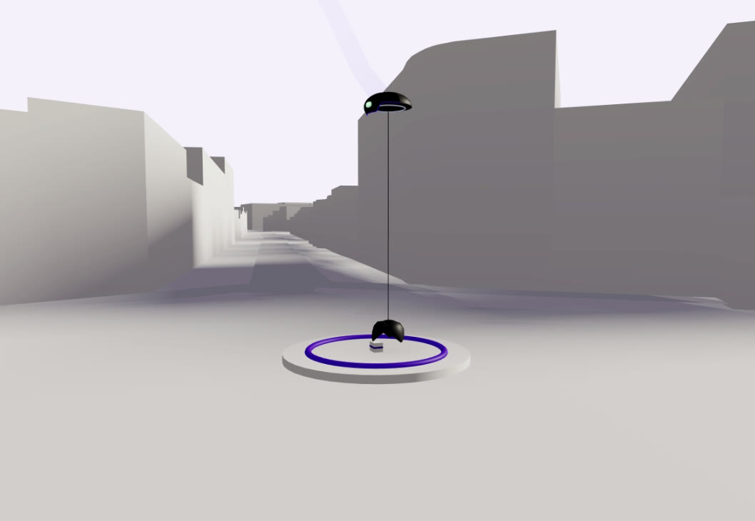 Render of a MaxFly delivery: the drone holds altitude in a grey city street and lowers a package on a line to a violet-ringed landing pad