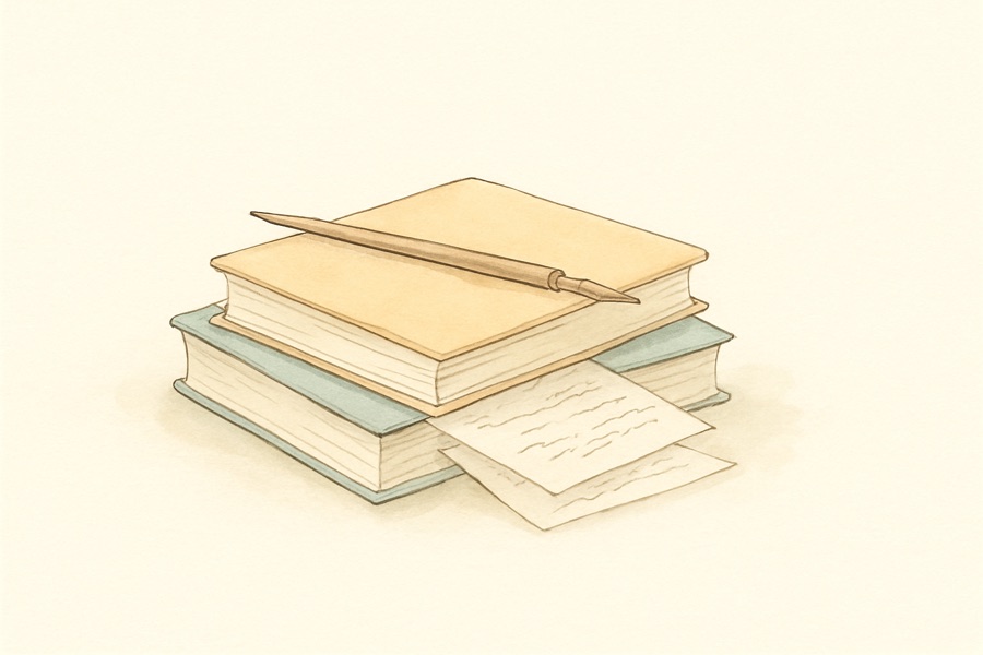 Ink-drawn plate: a stack of books and notes with a reed pen leaning against it