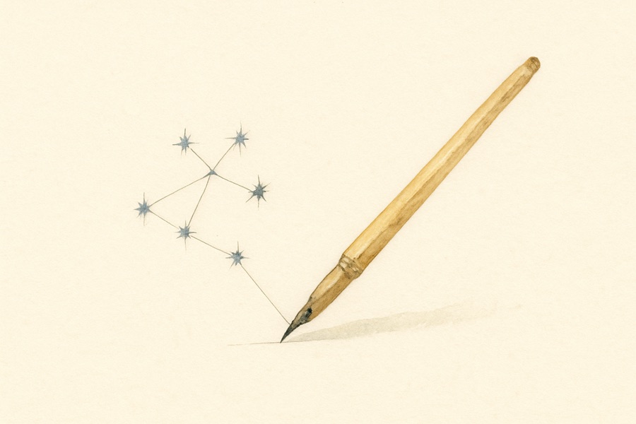 Ink-drawn plate: a reed pen drawing a constellation on paper
