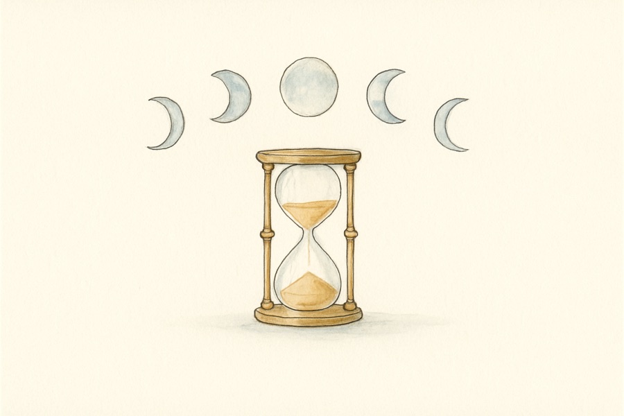 Ink-drawn plate: an hourglass under an arc of moon phases